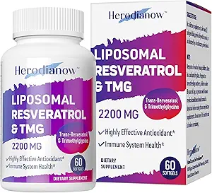 Resvératrol liposomique avec supplément TMG 2200 MG, 99% Pureté Trans-Resvératrol & Triméthylglycine- Antioxydant, pour système immunitaire, peau et santé globale, 60 Softgels (paquet de 1)