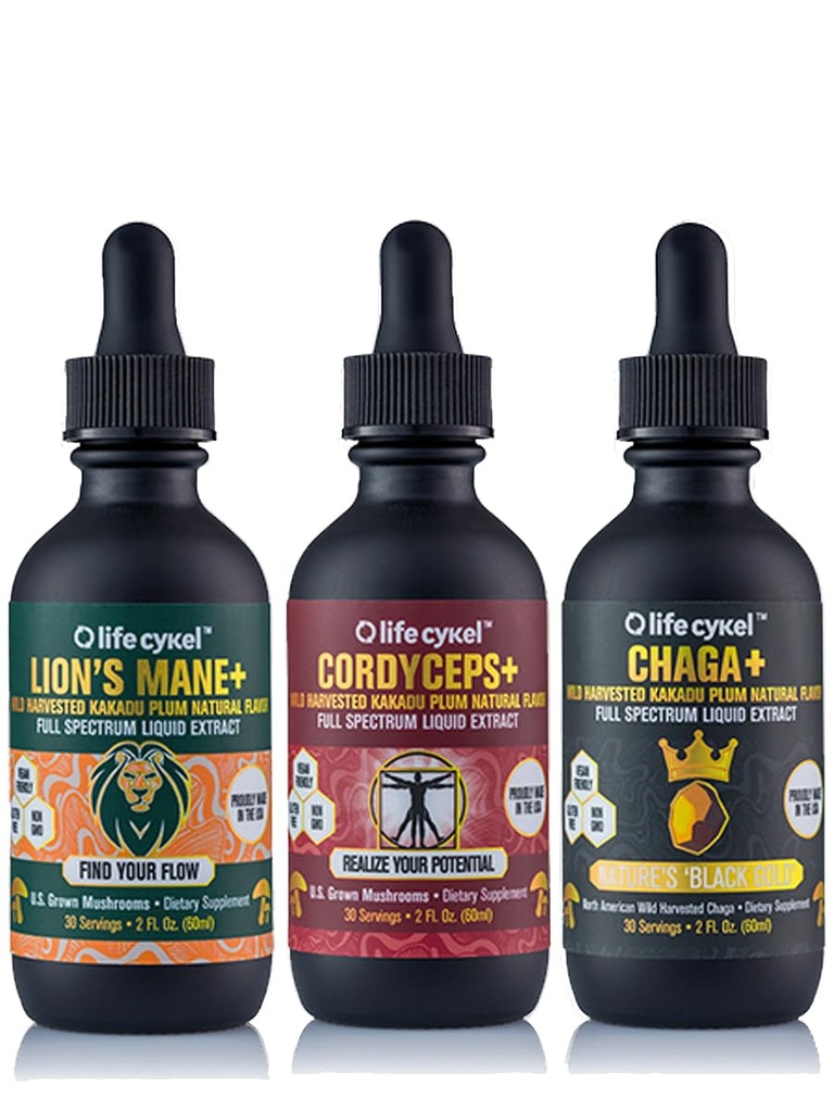 Cykel de vie This is It Pack - Chaga, La Mane du Lion & Cordyceps Extrait de Champignon - Teinture de Champignons Pleine-Spectrum pour l'énergie, la clarté mentale et le soutien immunitaire - Vegan, Non-GMO- 2Fl/Oz par bouteille