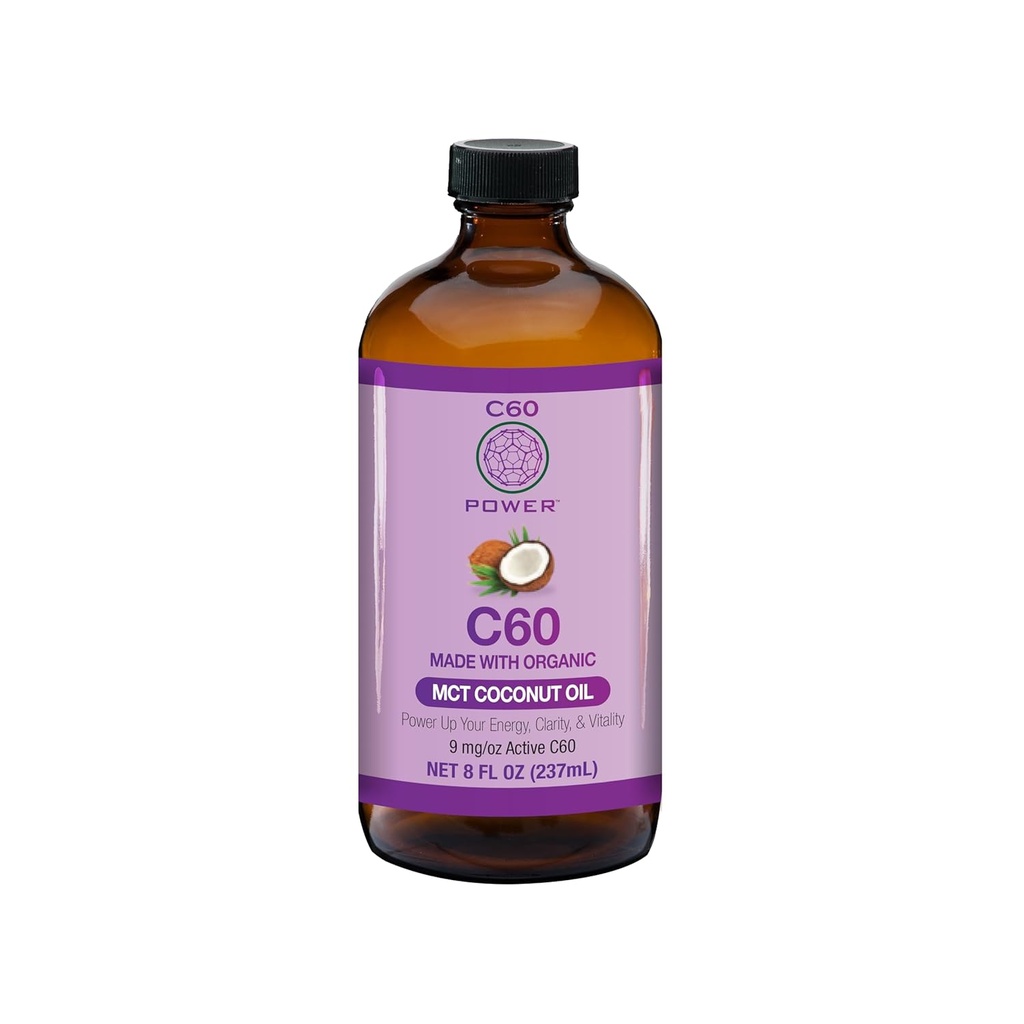C60 Puissance - MCT 8-oz.- Huile de coco MCT biologique, 8 Fl Oz, 99,99 % Fullérènes au carbone pur, charge oxydative de levage, fonction mitochondriale optimisée