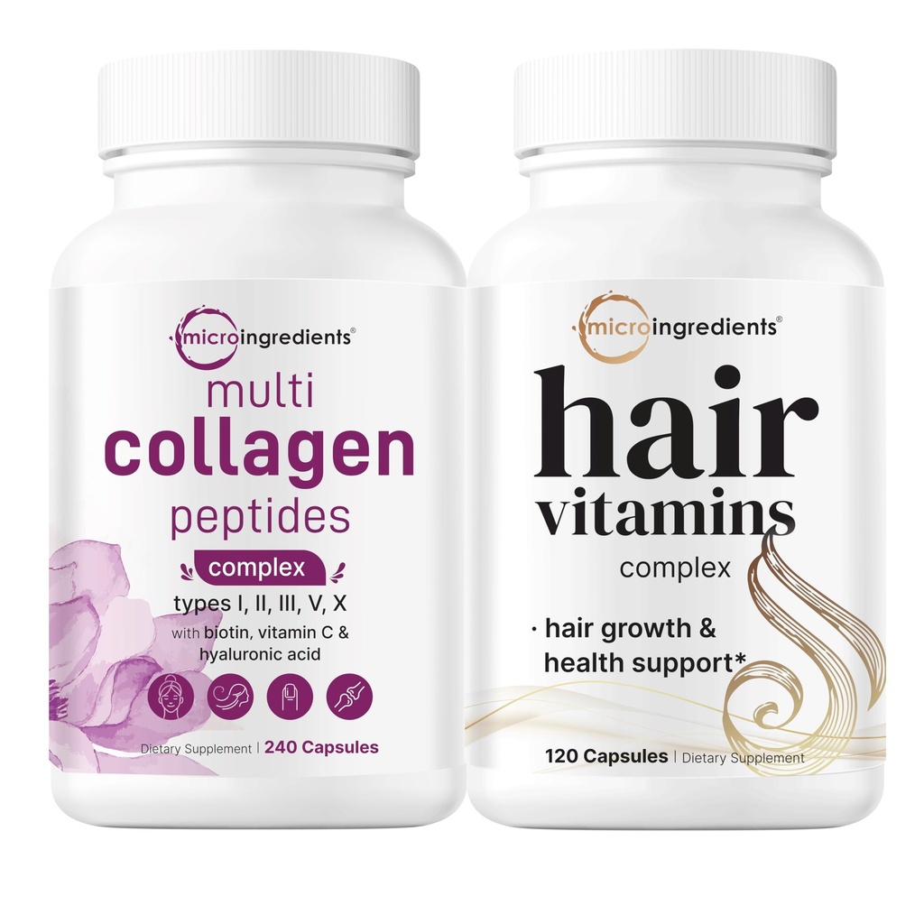 Micro Ingredients Multi Collagen Complex pour les femmes et les vitamines capillaires Capsules complexes Bundle 2 Paquet de Peptides de collagène alimenté par des herbes