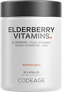 Codeage Elderberry Vitamins - Organic Fermented Elderberry Blend, Vitamin C from Ascorbic Acid & Organic Acerola Cherries, Vitamin D3, Zinc, Sambucus Berries - 90 Capsules