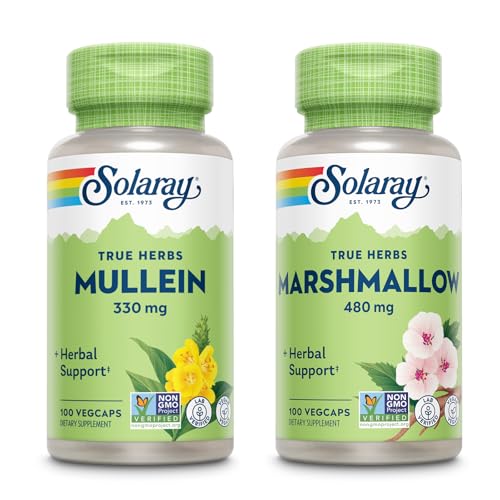 SOLARAY Mullein Leaf 330 mg et Marshmallow Root 480 mg - Wellness Bundle - Herbes haute en fibre soluble de mucilage pour le soutien apaisant - Vegan, non-OGM, laboratoire vérifié, garantie de 60 jours, 200/100 VegCaps
