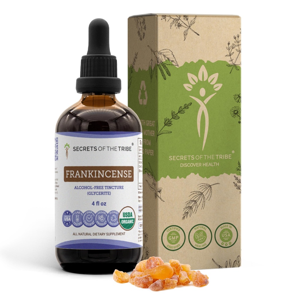 Secrets of the Tribe Frankincense Tincture USDA Extrait sans alcool biologique, Boswellia Resin Positive Mood/Immune System Health (4 FL OZ)
