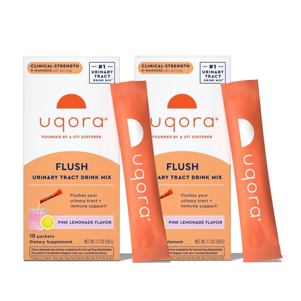 Flush Uqora - Tract urinaire* avec D-Mannose, Vitamine C, Vitamine B6, Potassium, Magnésium et Calcium - Sans gluten et végétalien - Saveur de citronnade rose - 20 Packets (2 Pack)