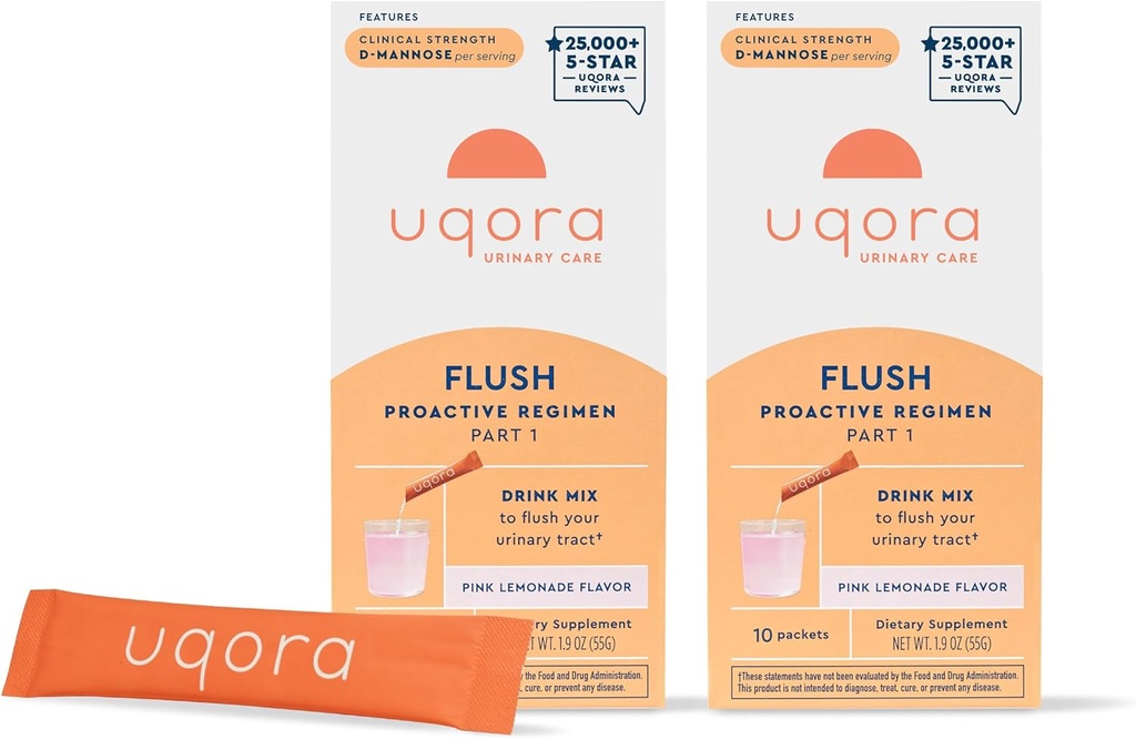 Flush Uqora - Tract urinaire* avec D-Mannose, Vitamine C, Vitamine B6, Potassium, Magnésium et Calcium - Sans gluten et végétalien - Saveur de citronnade rose - 20 Packets (2 Pack)