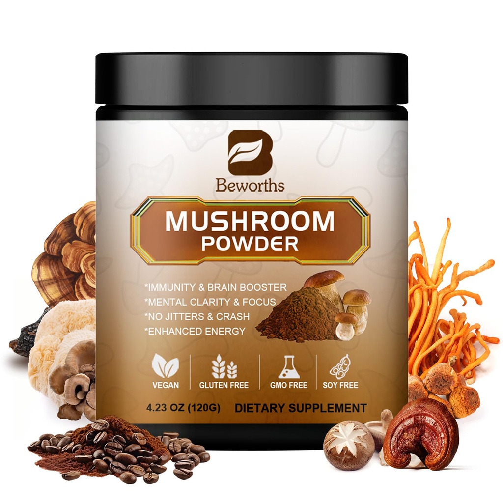Café de Champignon - Lions Mane Mushroom Powder Café instantané avec la Mane de Lion, Reishi, Chaga, Cordyceps, et la dinde Tail - Coffe de Champignon Alternative pour l'énergie, la clarté mentale et la focale, Brain Booster
