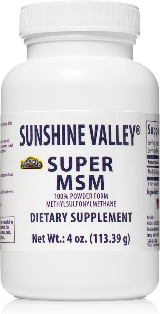 Sunshine Valley® Super supplément MSM - Methylsulfonylméthane MSM Cristaux Poudre pour le soutien des articulations, ongles, cheveux et la santé de la peau - 100% poudre pure, non aromatisé, supplément alimentaire - 4 oz