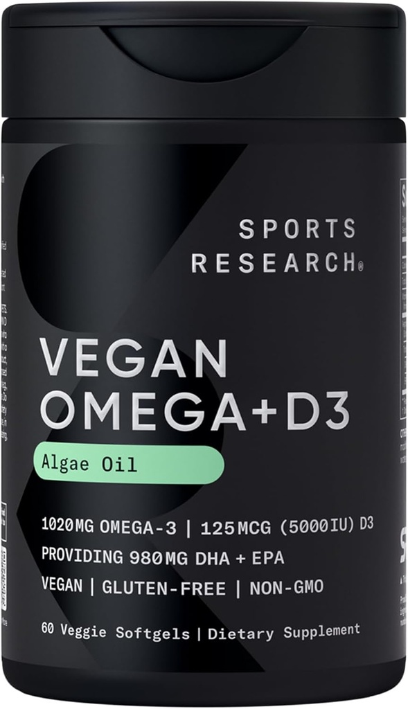 Recherche sportive Oméga-3 végétalien avec vitamine D3 Softgels - Supplément Oméga-3 et 5000iu D3 - Huile de poisson Alternative avec vitamine D Plant-Based Support de l'huile d'algues - 60 légumes softgels pour adultes