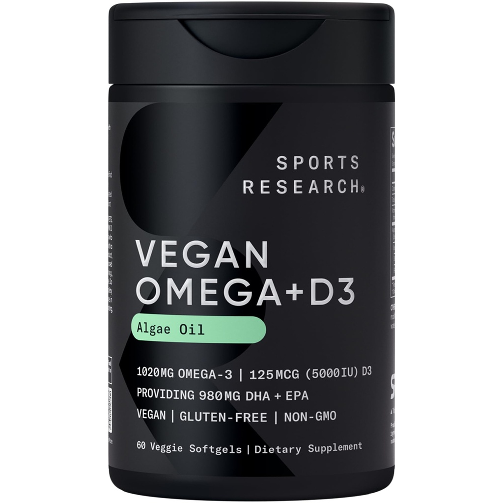 Sports Research Vegan Omega-3 with Vitamin D3 Softgels - 1020mg Omega-3 & 5000iu D3 Supplement - Fish Oil Alternative with Vitamin D Plant-Based Support from Algae Oil - 60 Veggie Softgels for Adults