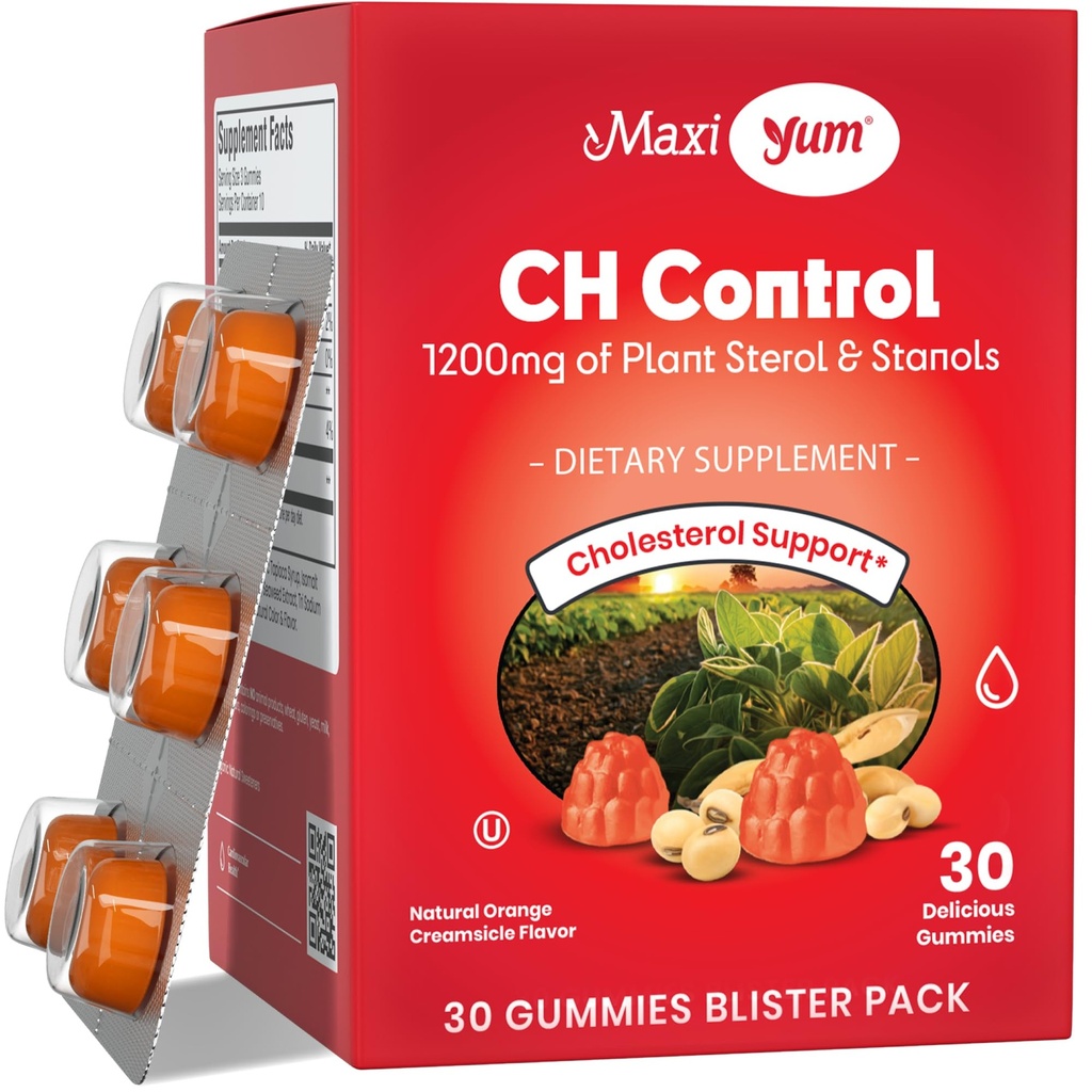 Maxi Health Cholestérol Gommies pour adultes – Suppléments de stérols et de Stanols de 1200mg – Suppléments de cholestérol santé sans casher et sans gluten – Gommies à saveur orange (30 comtes)