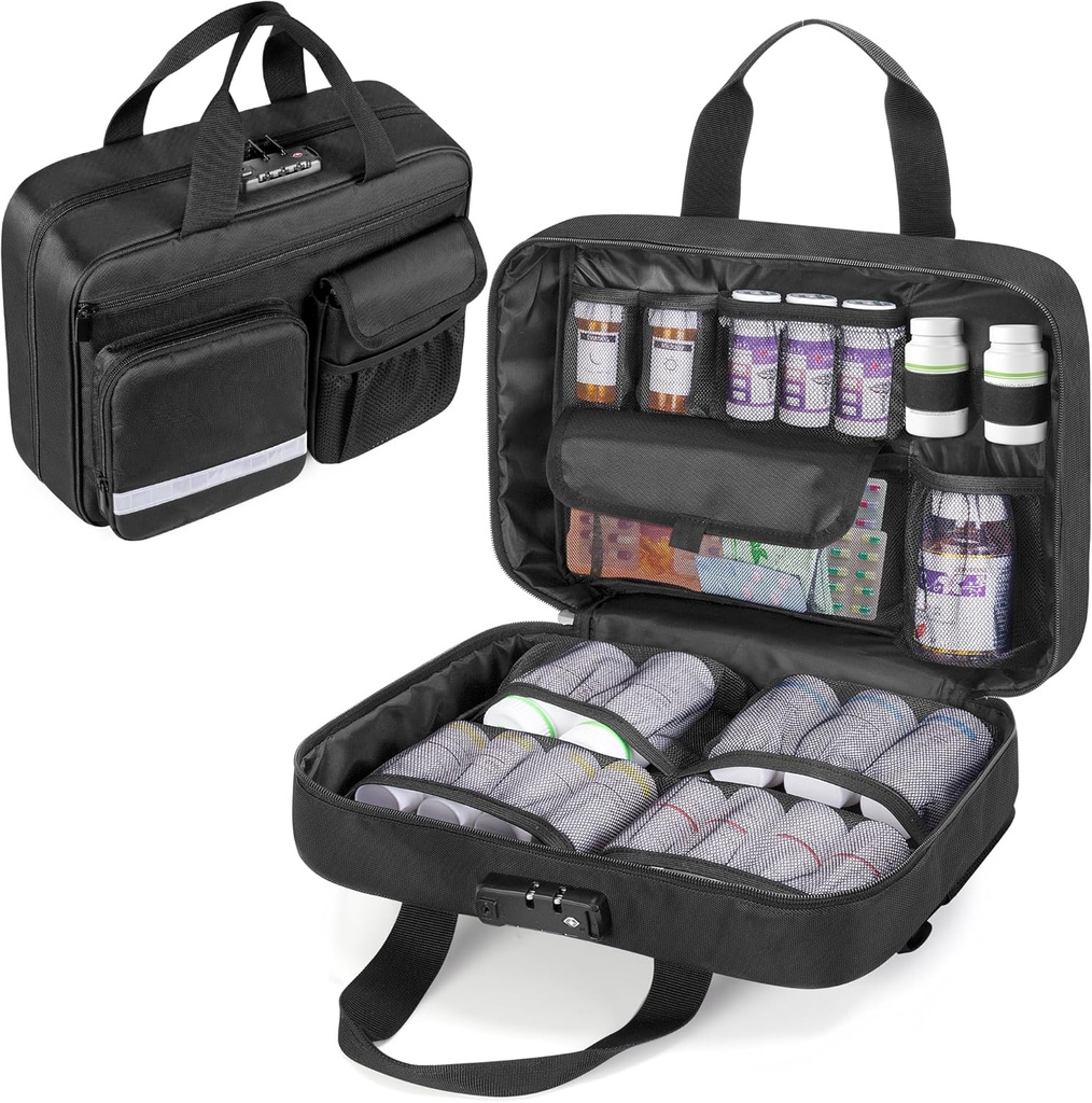 Damero Locking Pill Organisateur de bouteilles, Sac de stockage de médicaments Médicament Organisateur étui de voyage pour les grandes bouteilles de pilules, médicaments et fournitures médicales,Noir