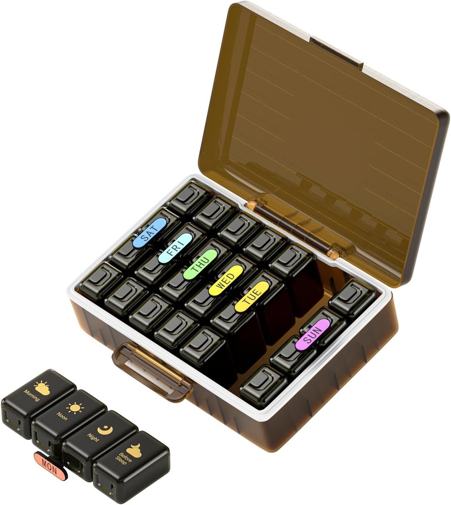 Organisateur hebdomadaire de pilules 4 fois par jour, grand compartiments Pill Box 4X 7 jours, organisateur de médicaments Cas de pilules pour pilules/vitamines/huiles de poisson/médication/compléments (Brown)