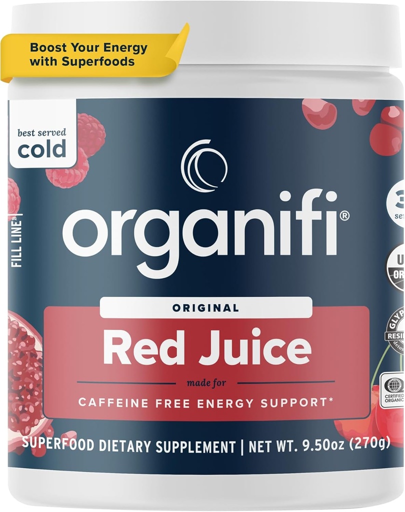 Organifi Red Juice - Poudre d'énergie réduit les crashs de l'après-midi et stimule la digestion et le système immunitaire, 30 portions