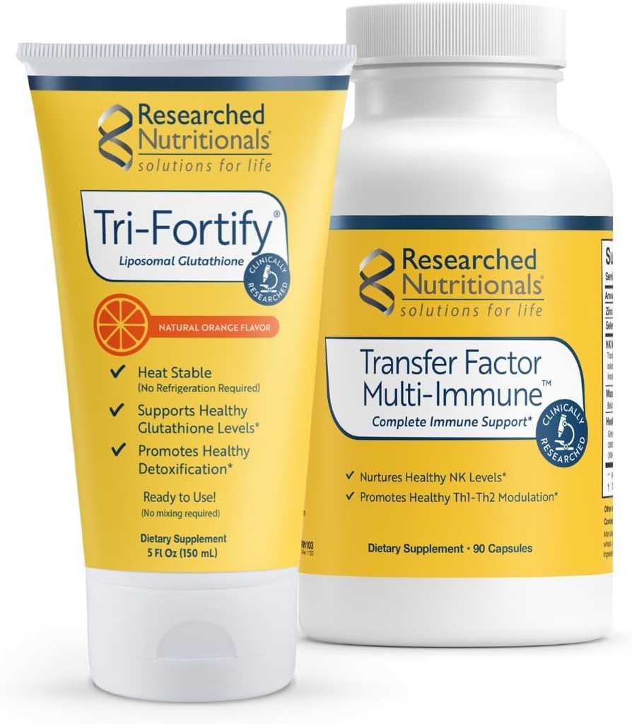 Recherches nutritionnelles Glutathion liposomique (450mg) + Supplément Colostrum & Champignons pour le soutien immunitaire - Impunity Duo amélioré - Tri-Fortify Orange + Facteur de transfert Multi-Immune (2 pièces)