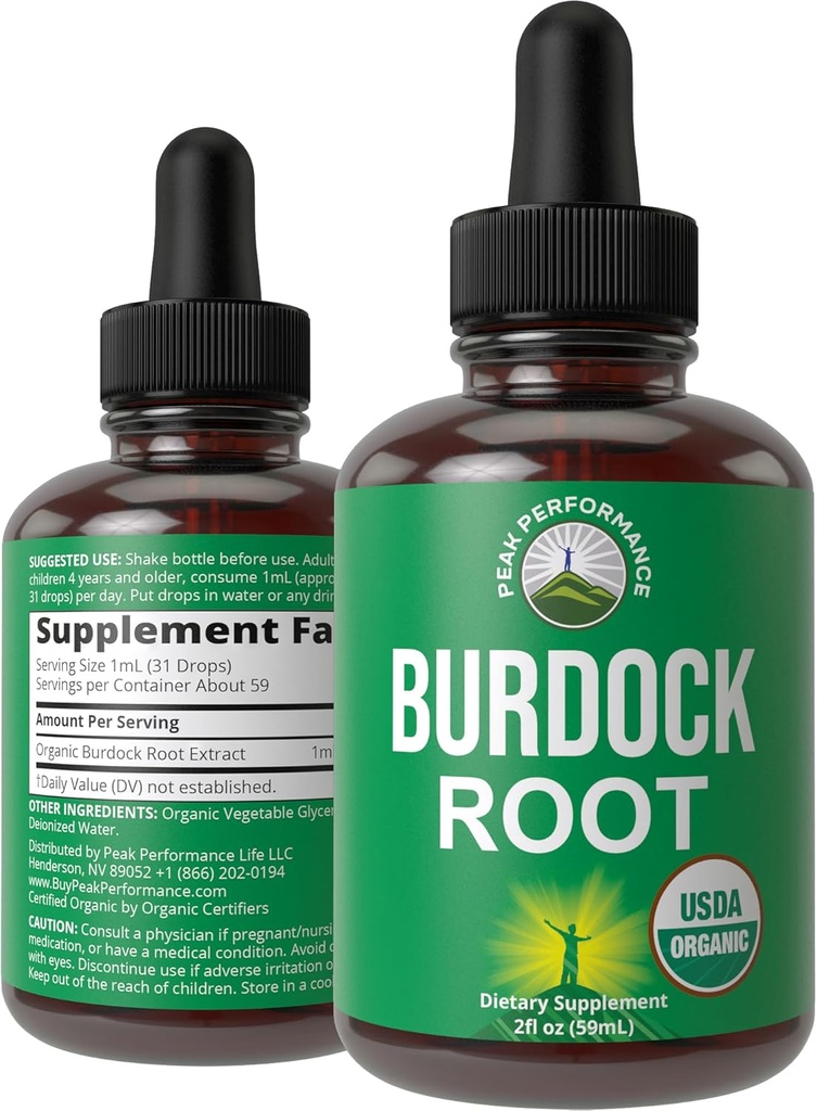 Peak Performance USDA Organic Burdock Root Liquid Drops Supplément. Teinture d'extrait végétalien pour les femmes et les hommes. Huile de racine de dard biologique Herbe. Zéro sucre, Suppléments sans gluten