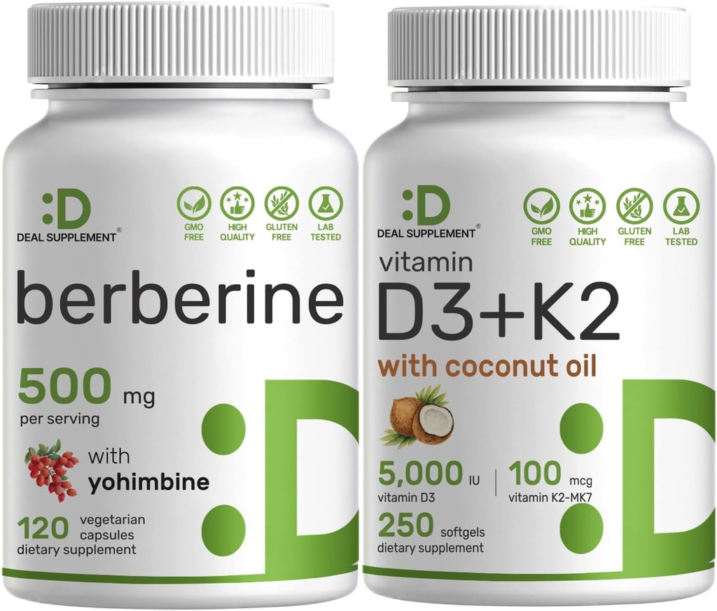 SUPPLÉMENT DE DÉAL Vitamine D3 5000iu + K2 softgels 100mcg et supplément berbère avec groupe de Yohimbine – Vitamines essentielles du soleil – Formes de chlorhydrate de chlorhydrate de haute absorption