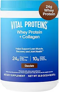 Protéines vitales Poudre de protéines de lactosérum+ Peptides de collagène, 24g Protéines favorisant la récupération et la santé articulaire, avec la vitamine C, environ 16 portions - Vanille 21.7oz