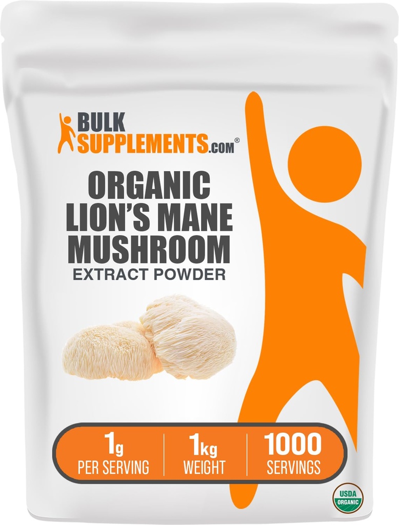 BulkSupplements.com Poudre d'extrait de champignons de lion biologique - Poudre de supplément de la mane de lions, Extrait de la mane de lion - Supplément de champignons, 1000mg par portion, 5kg (11 lbs) (paquet de 5)