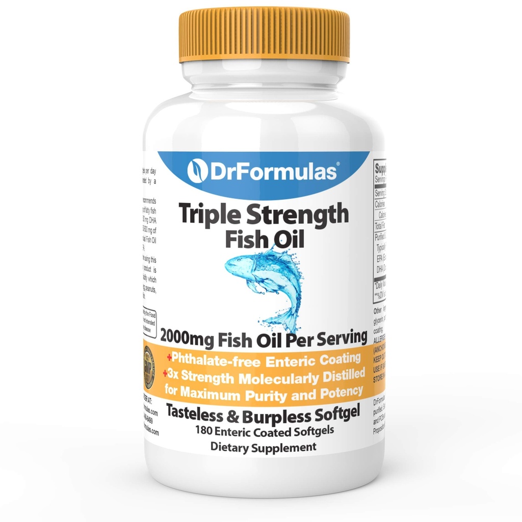 DrFormulas 2000mg Triple Strength Omega 3 Huile de poisson avec EPA et DHA, 180 Softgels sans Burpless