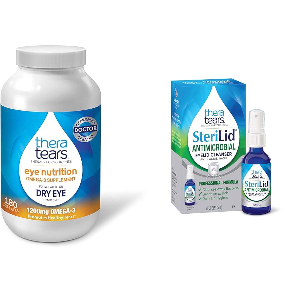 TheraTears 1200mg Omega 3 Supplément pour la nutrition des yeux, Triglycéride de lin biologique Huile de poisson et vitamine E, 180 Count & SteriLid Nettoyant des paupières et lavage du visage, pour les yeux irrités, 2 fl oz Spray