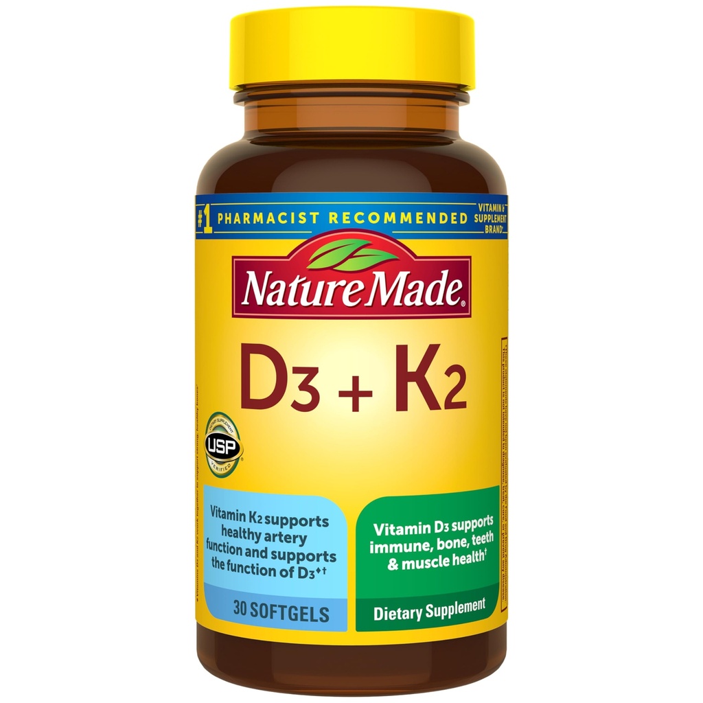 Nature faite de vitamine D3 K2 Supplément, 5000 UI (125 mcg) Vitamine D pour os, dents, muscles et crèmes, 30 D3 et K2 Softgels, 30 jours d'approvisionnement