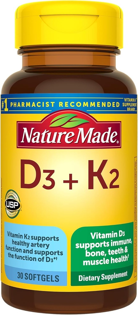 Nature faite de vitamine D3 K2 Supplément, 5000 UI (125 mcg) Vitamine D pour os, dents, muscles et crèmes, 30 D3 et K2 Softgels, 30 jours d'approvisionnement