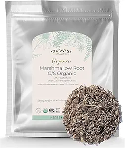 Starwest Botanicals Racine de marshmallow biologique - Herbe séchée pour thé, racine de feuille molle, coupée et tamisée, casher certifié, non-OGM - en vrac 1 lb sac