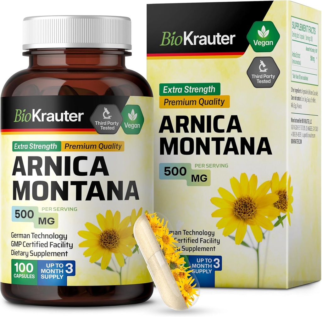 BIO KRAUTER Arnica Montana Capsules - 500 mg Arnica Capsules pour Bruising et Gonflement - Vegan - 100 Compte