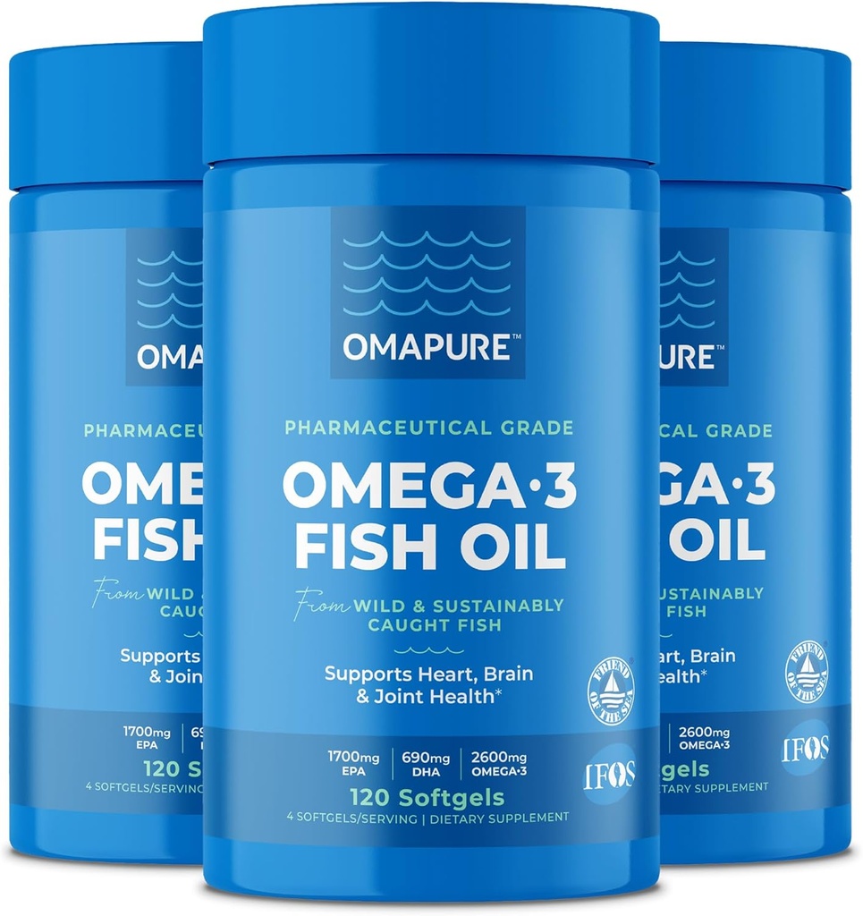 OMAPURE Suppléments à l'huile de poisson avec acides gras oméga 3 (3 bouteilles, 120 softgels) - Haute EPA, DHA et IFOS Piles à l'huile de poisson soutenir le coeur et la santé articulaire - L'huile de poisson sans Burpless favorise la fonction cérébrale