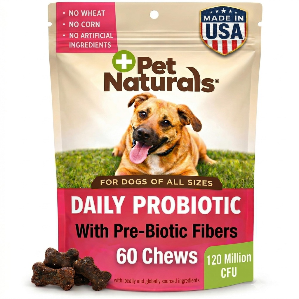 Probiotique quotidien animal naturel pour chiens, UFC 120M - Pré et probiotiques pour chiens santé digestive, santé des intestins, soutien immunitaire, diarrhée, allergies et démangeaisons - 60 Chews, parfum de canard