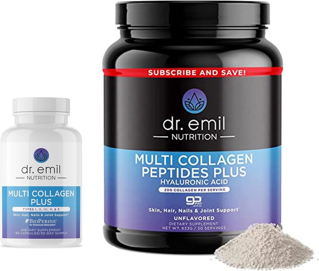 DR. EMIL NUTRIITION Ensemble complet multicollagène - Double le collagène et double les cheveux, la peau et les ongles Avantages - Collagène Peptide pilules et collagène en poudre (30 portions)