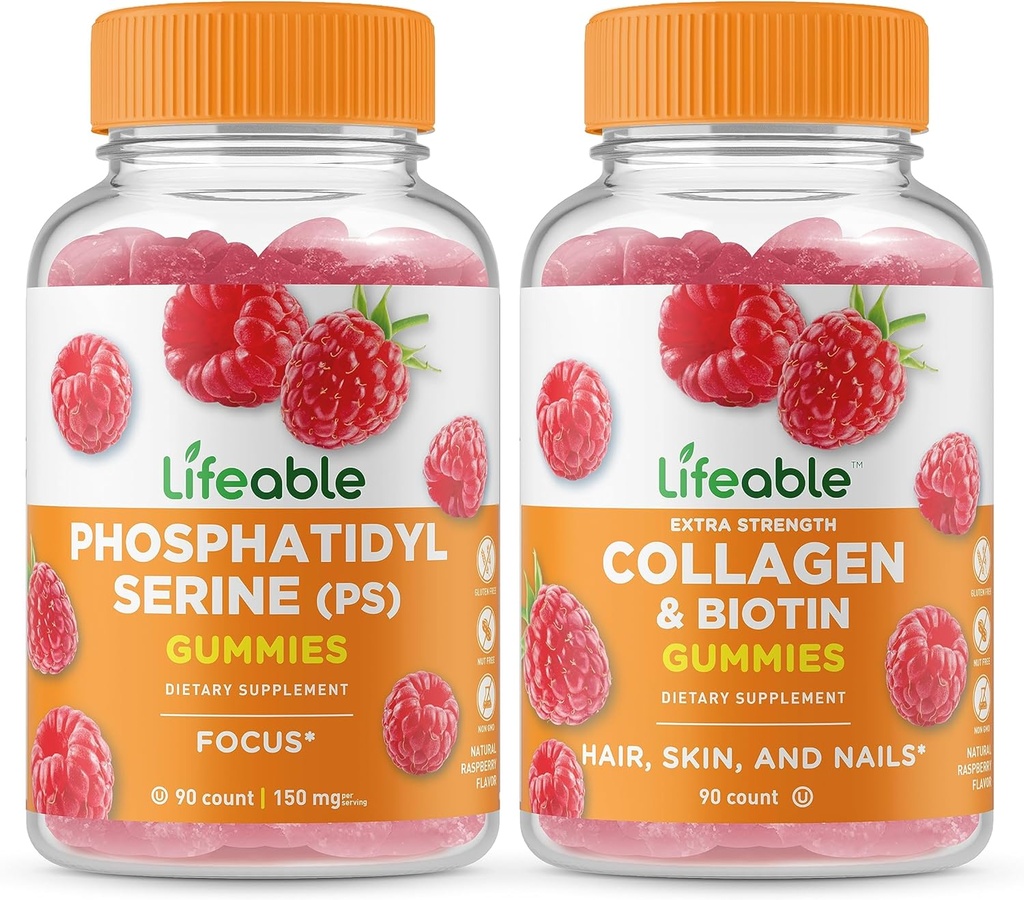 Phosphatidylsérine (PS) et collagène et biotine, Gummies Bundle - Grande dégustation, supplément de vitamine, sans gluten, sans OGM, gummy à croquer