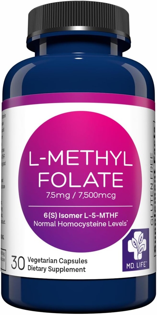MD Life L-méthylfolate 7,5 mg Supplément - Supplément de méthylfolate actif de grade professionnel - 30 capsules - L-méthylfolate 7,5 mg - Potence maximale MTHFR W/ Acides aminés essentiels