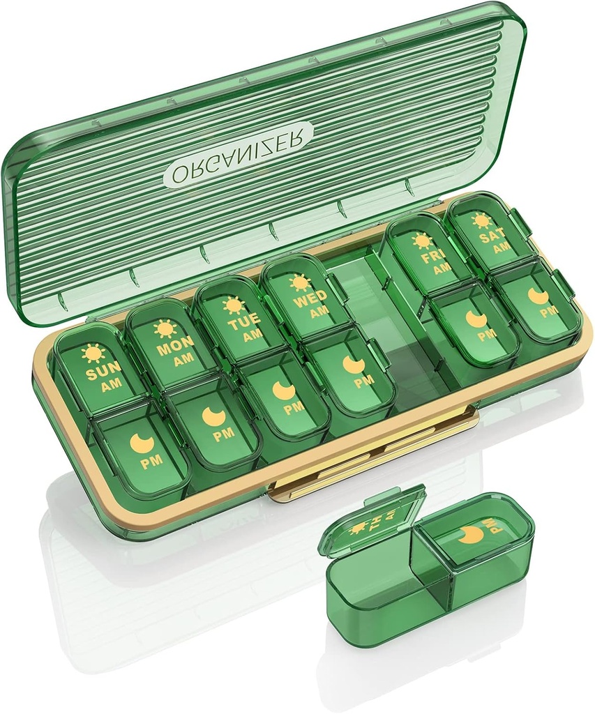 Organisateur de pilules 2 fois par jour, 7 jours par jour Pm Pill Box - Acedada Weekly Pill Organisateur avec contenant séparé, Portable Daily Medicine planner Dispenser Case pour la vitamine, huiles de poisson, suppléments, vert