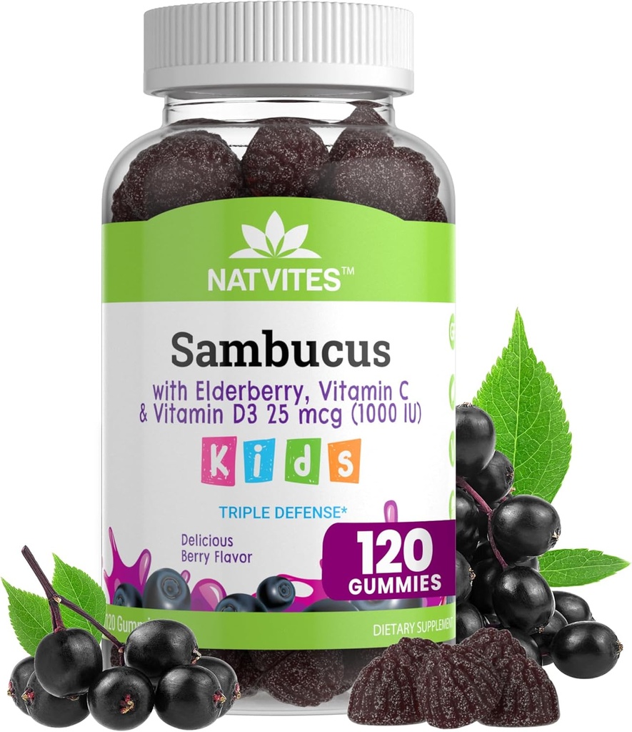 Black Sambucus Gummies pour les enfants – Supplément de soutien immunitaire avec vitamine C et vitamine D3 pour stimuler l'immunité – Végétarien, non OGM, sans gluten, sans noix et sans lait – 120 Gummies (paquet de 1)