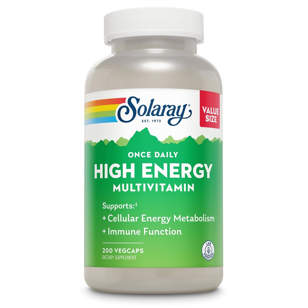 SOLARAY Une fois par jour Multivitamine à haute énergie pour les femmes et les hommes - Suppléments énergétiques - Immune Support avec Vitamine C, A, D et E, Complexe Vitamine B, Trace Minerals, Garantie de 60 jours, 200 Serv, 200 VegCaps