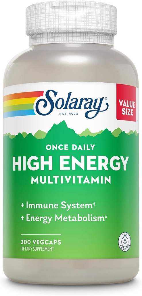 SOLARAY Une fois par jour Multivitamine à haute énergie pour les femmes et les hommes - Suppléments énergétiques - Immune Support avec Vitamine C, A, D et E, Complexe Vitamine B, Trace Minerals, Garantie de 60 jours, 200 Serv, 200 VegCaps
