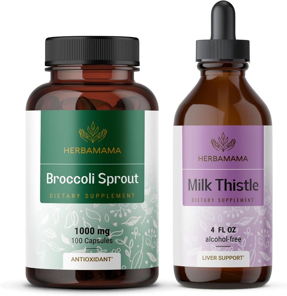 HerbAMAMA Brocoli Sprout and Lait Thistle Kit - Ensemble de 1000 mg Brocoli Sprout Capsules et extrait de chardon 4 fl oz - Vegan, non-OGM, sans sucre et sans alcool - 2 Pack