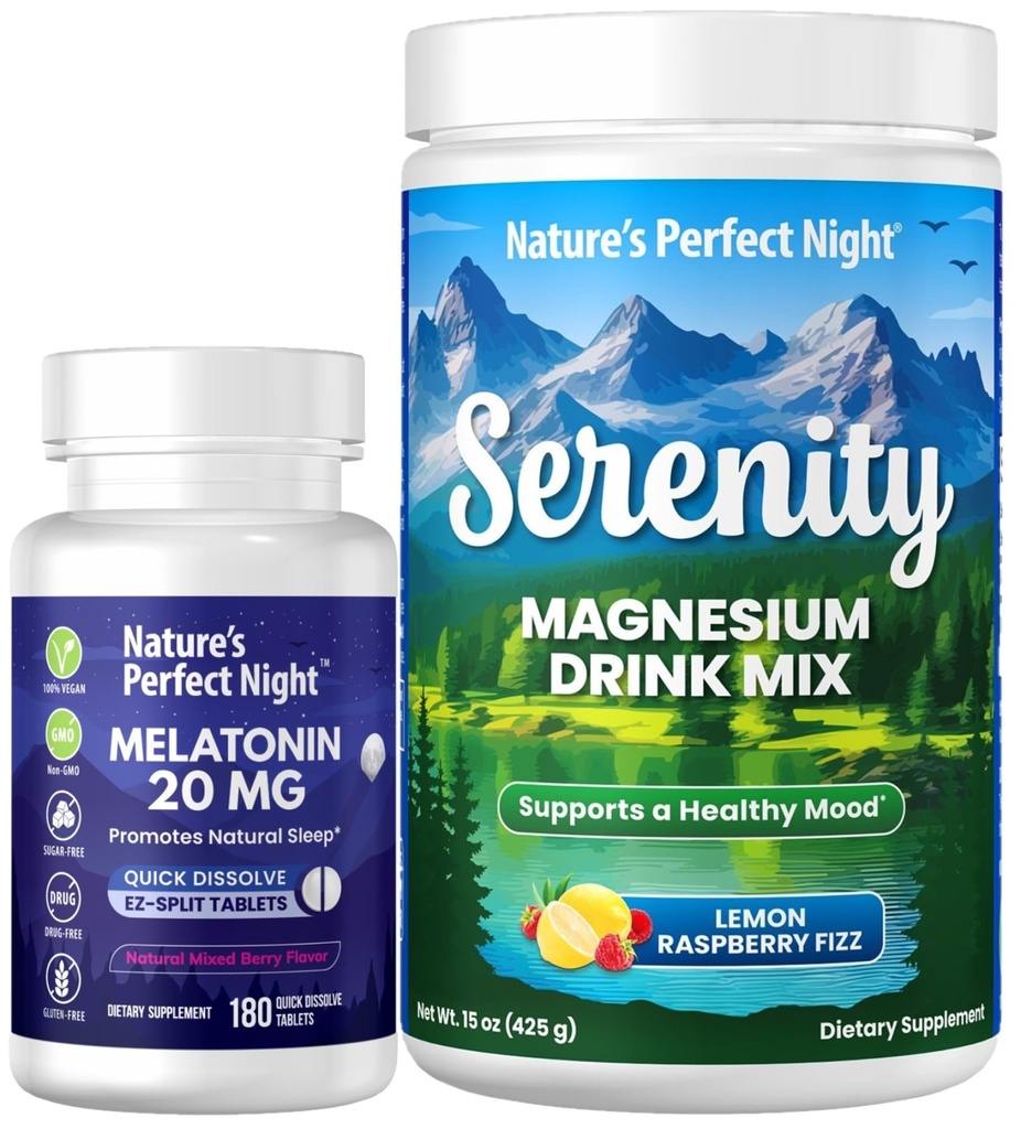 La nuit parfaite de la nature Melatonin 20mg Dissoudre rapidement Berry mixte 180 Compte avec Serenity Magnésium poudre 15 oz Lemon framboise