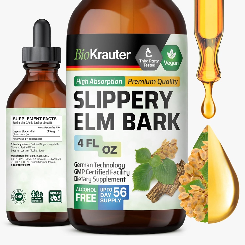 BIO KRAUTER Slippery Elm Teinture d'écorce - Pure Slippery Elm pour les femmes et les hommes - 4 Fl.Oz. 56 Jours d'approvisionnement - Throat & Voice Support - Vegan Liquid Drops for Lungs - Respiratoire & Santé Digestive