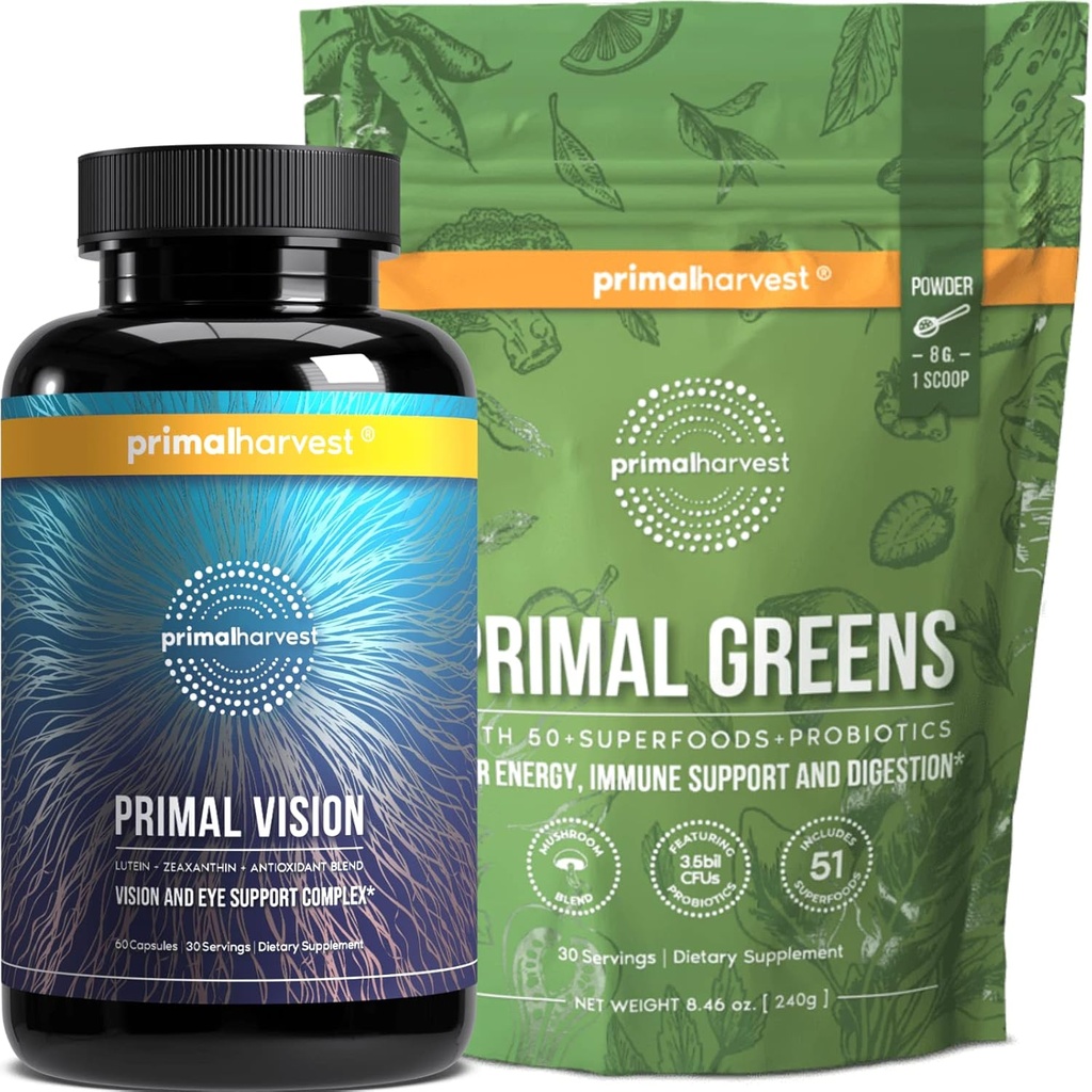 Primal Harvest Greens Powder & Vision Supplements for Women and Men Vision and Eye Support Complex with Lutein, Zeaxanthin Bundle