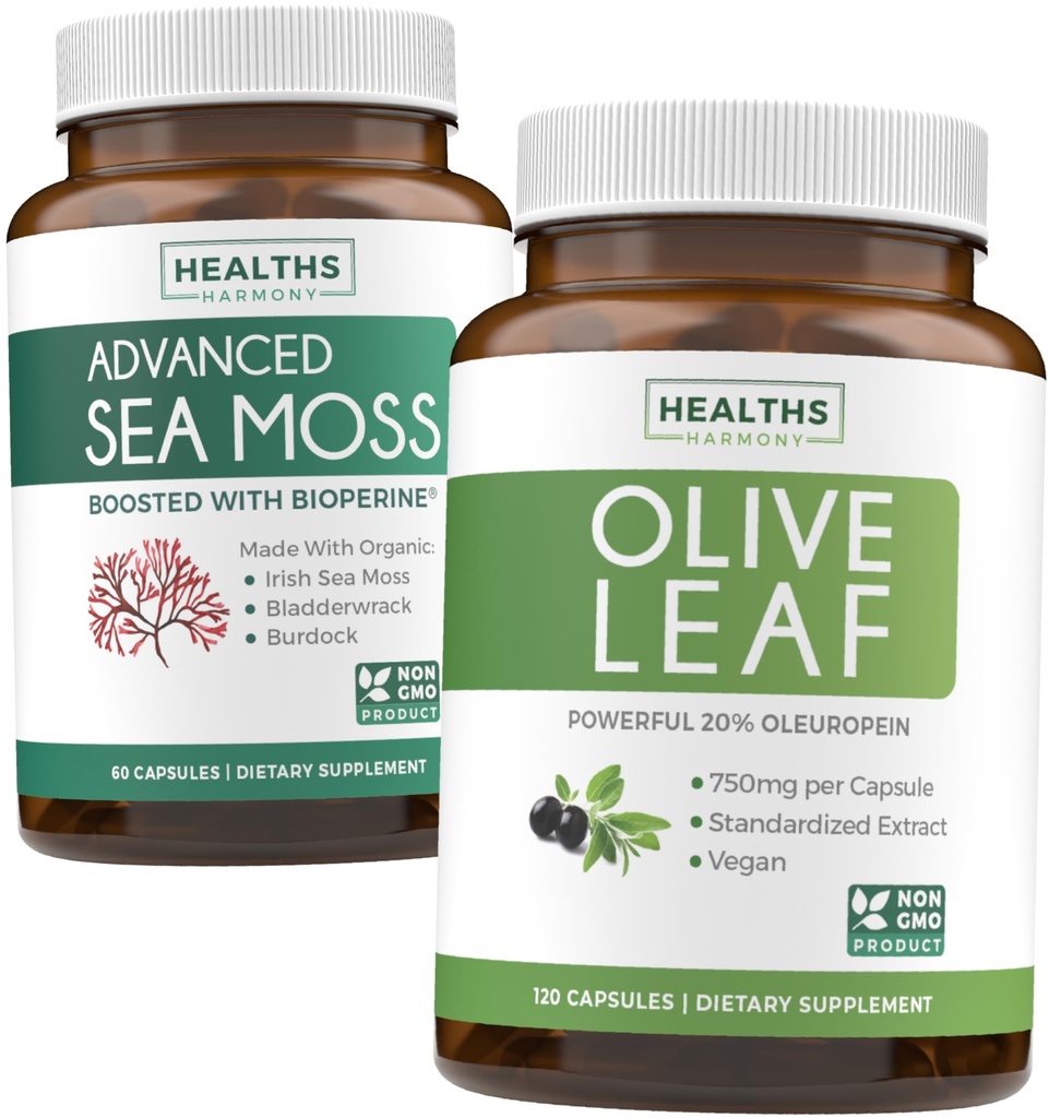 Extrait de mousse de mer et de feuille d'olive (1-Mois) Mélange de mousse d'olive - Moss de mer irlandaise biologique - Supplément végétalien brut (60 capsules) et extrait de feuille d'olive Super résistance: 20% Oleuropein - Végétarien (120 capsules)