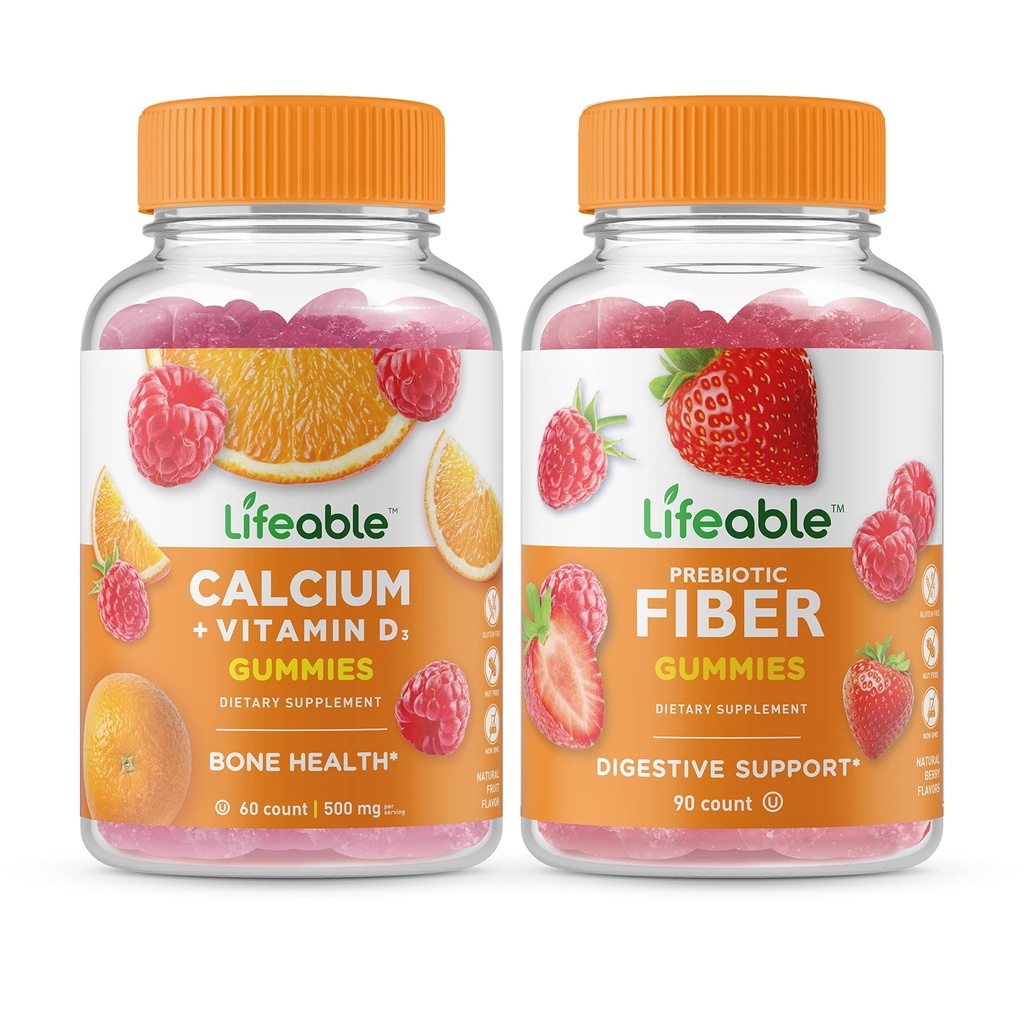 Calcium vital avec vitamine D + fibre prébiotique 5g, Gummies Bundle - Grande dégustation, supplément de vitamine, sans gluten, sans OGM, à mâcher