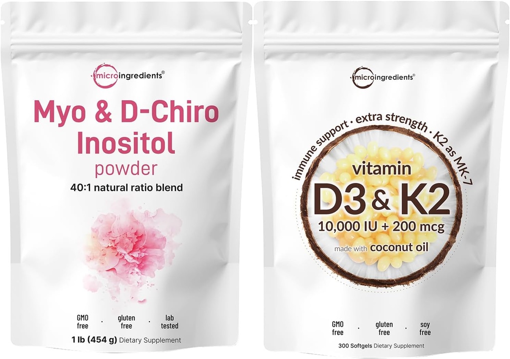 Micro-ingrédients Vitamine D3 10 000iu + K2 200mcg Huile de coco Softgels & Myo & D-Chiro Inositol Powder Bundle 2 Pack