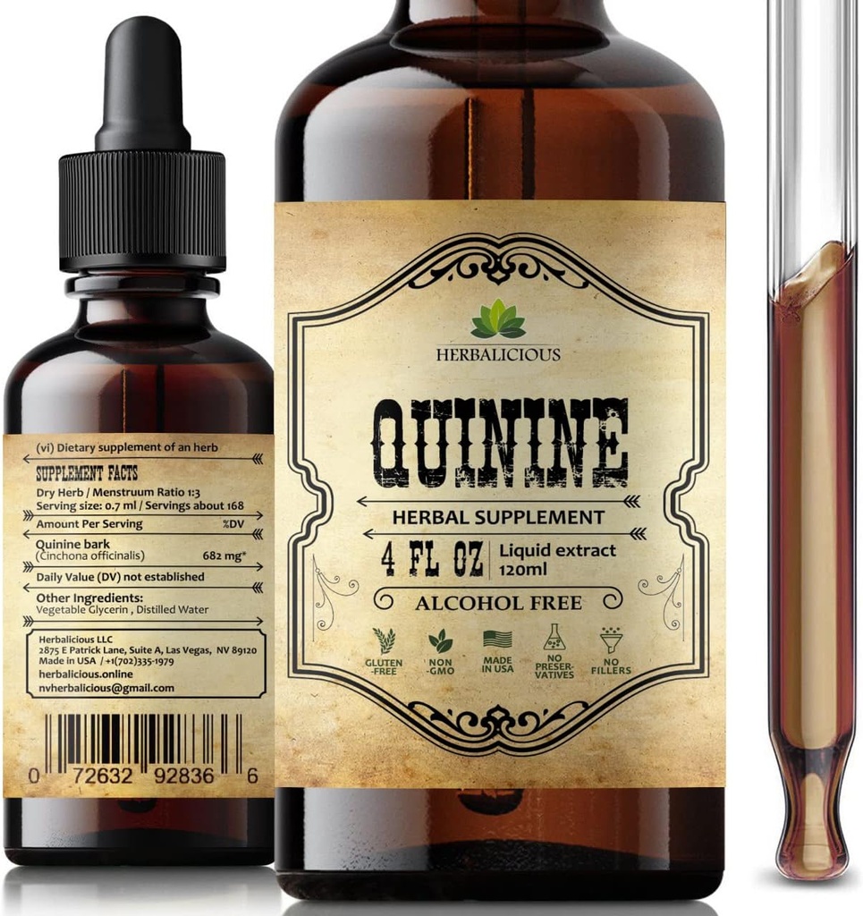 Extrait liquide de quinine 4oz – Relief du syndrome des jambes sans repos et des crampes PM Relief des crampes de nuit – Teinture d'écorce Cinchona Officinalis tout naturel pour la défense des crampes, la santé digestive et le soutien immunitaire