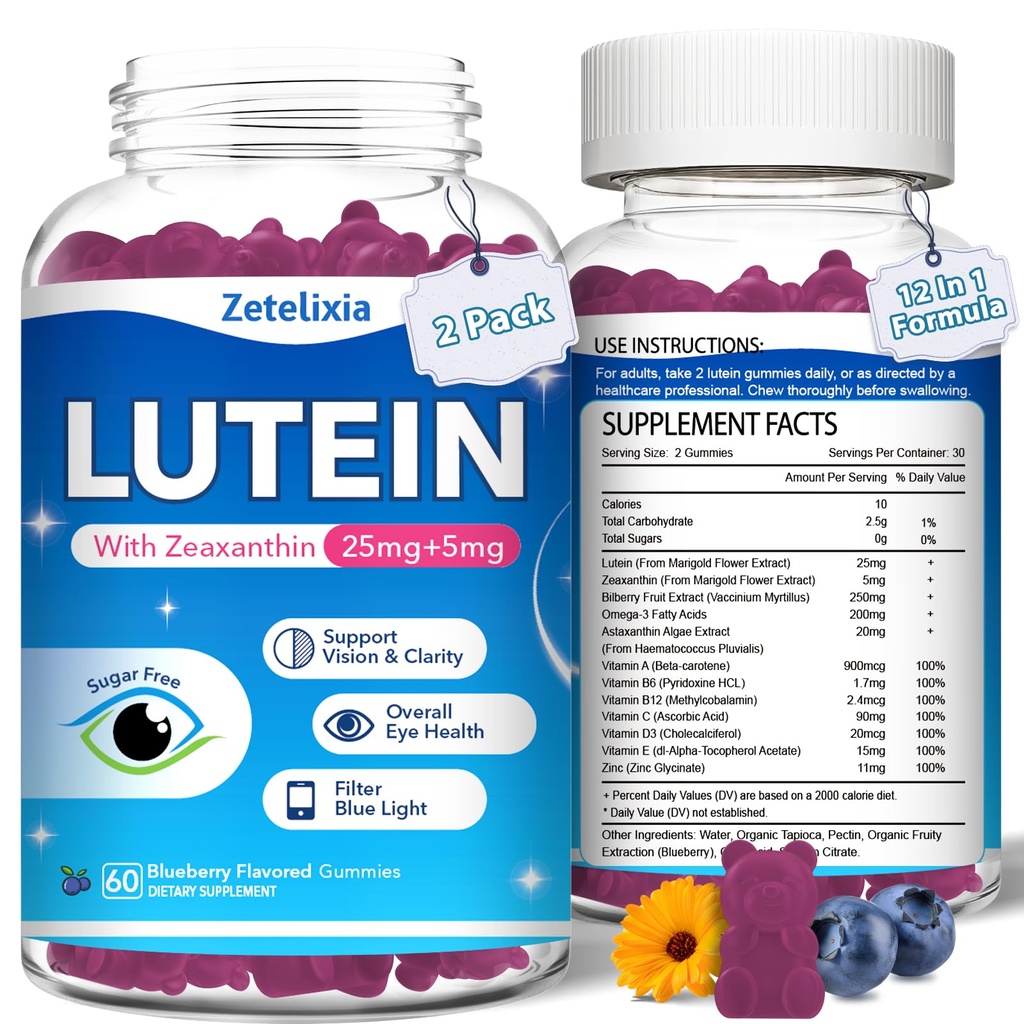 2 Pack Lutein Gummies, 12 en 1 Lutein et Zeaxanthin Suppléments Vitamines oculaires Gummies pour adultes, Supplément santé oculaire avec vitamine multiple pour promouvoir l'oeil et la vision - 120 Gummies