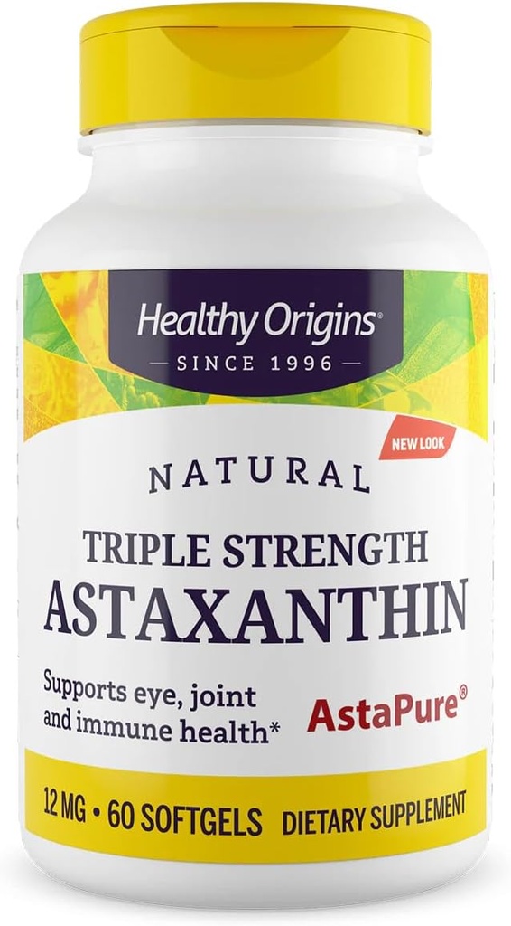 Origines saines Astaxanthine 12 mg (Natural, Astapure, Triple Strength, Non-OGM, Sans gluten, Eye Support, Joint Support, Immune Support), 60 Softgels