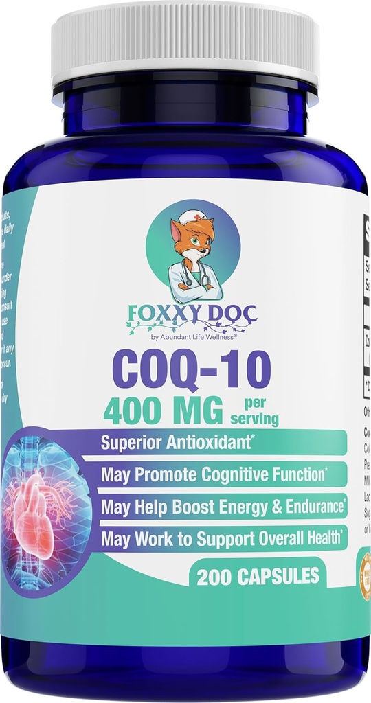 CoQ10 400 MG par 2 capsules - Ubiquinone - Excellente valeur - Supplément cardiaque, cérébral et cellulaire - Soutien énergétique - 200 capsules végétales en bouteille - par Foxxy Doc