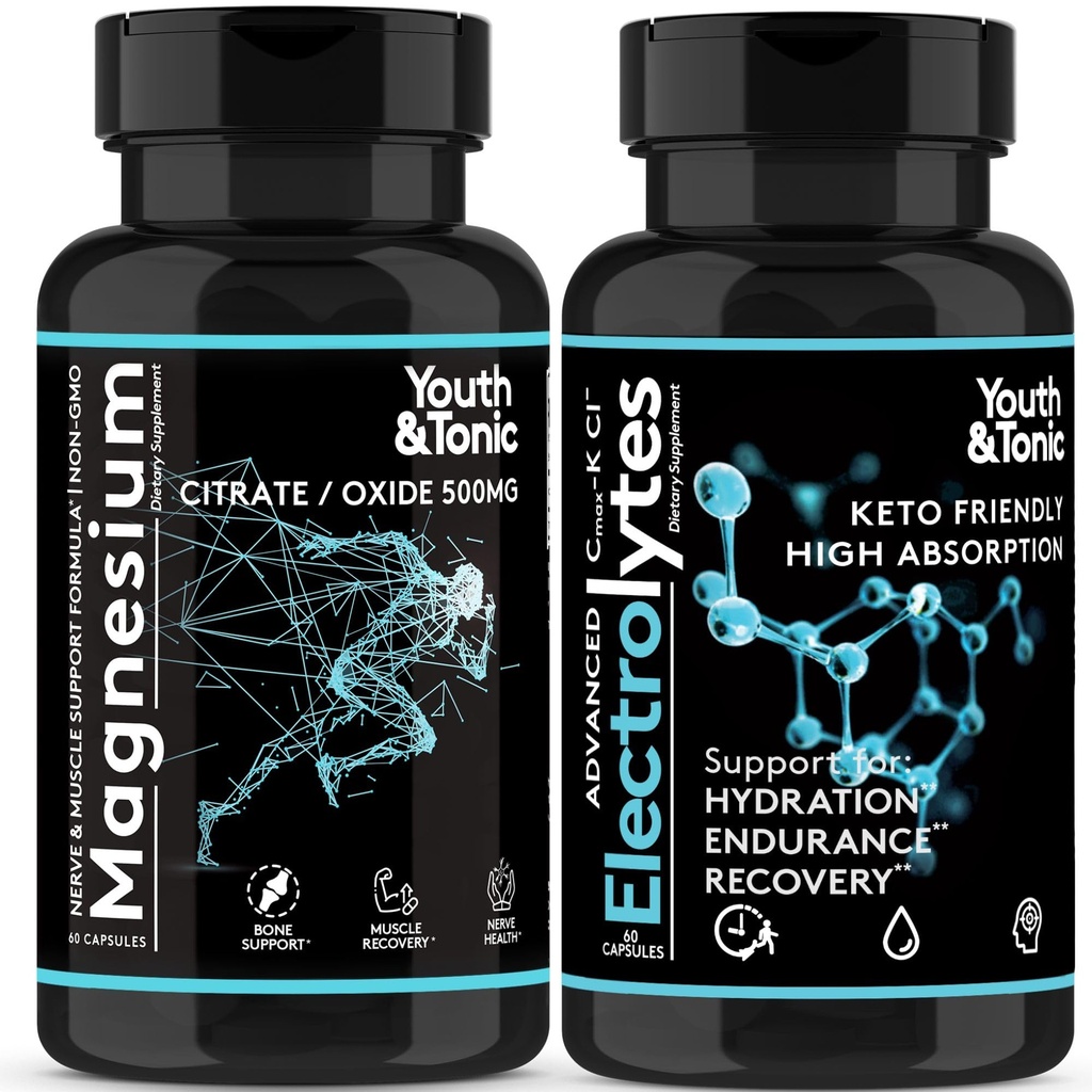 Complexe Magnésium à haute absorption + Pilules d'électrolytes - Mag Minéraux Vitamines de Citrate de Magnésium Premium Supplément à l'oxyde pour les crampes de jambe Mal Muscle Bone Soutien Récupération d'endurance Nerve Santé