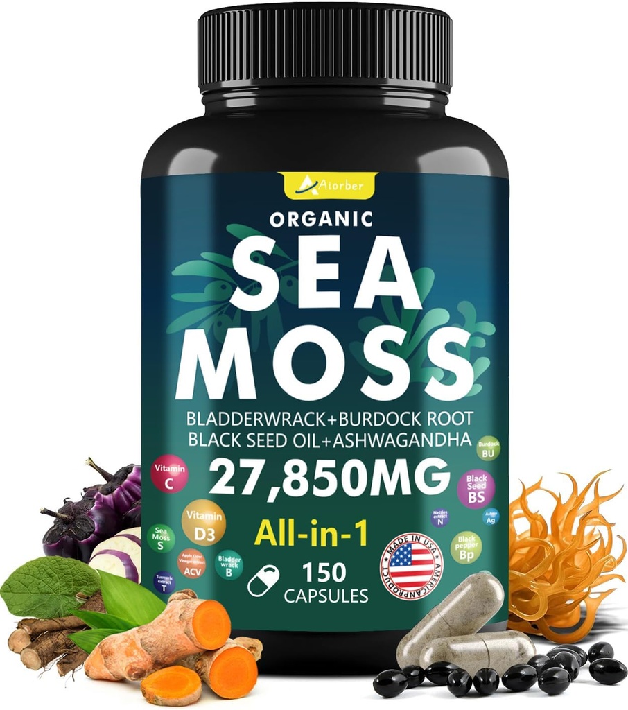Complexe de capsules de mousse de mer avec huile de graines noires, Aşhwagandha, racine de Burdock, supplément multiminéral de vitamines de bladderwrack Ginger - Irish Wild Seamoss Pills Advanced Blend pour les hommes et les femmes (150 capsules)